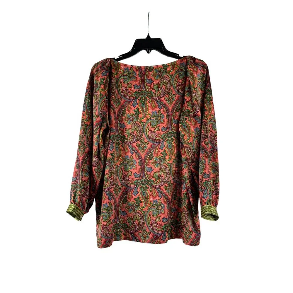 LOFT Women's Filigree Pattern Boat Neck Multicolor Puff Sleeve Blouse Size Small